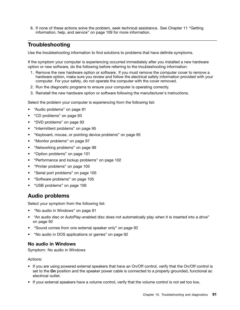 Troubleshooting, Audio problems | Lenovo THINKCENTRE 4473 User Manual | Page 105 / 142