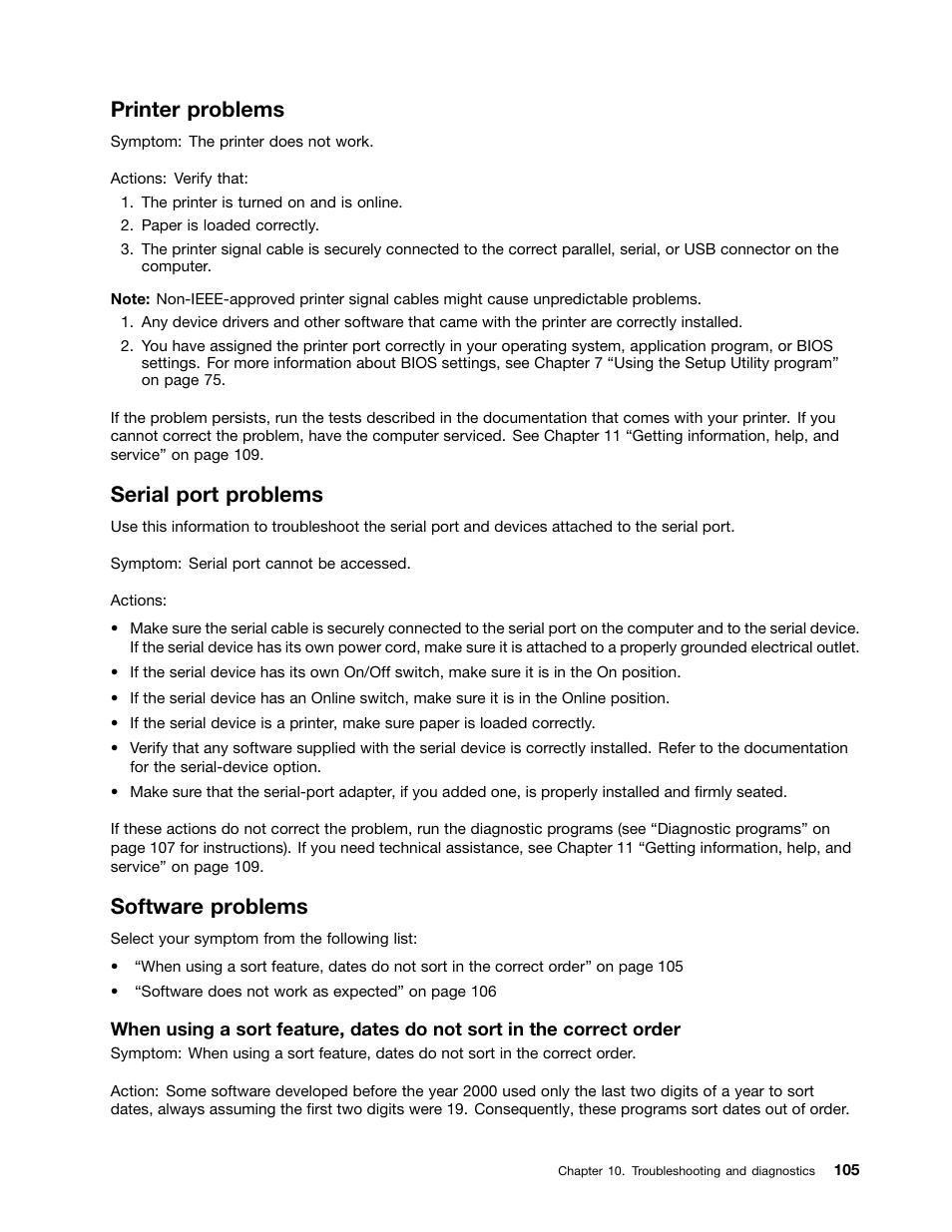 Printer problems, Serial port problems, Software problems | Lenovo THINKCENTRE 4473 User Manual | Page 119 / 142