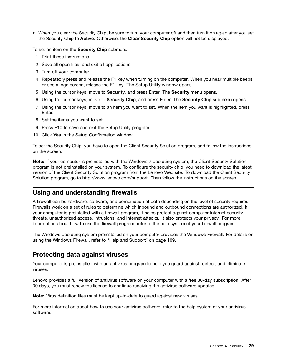 Using and understanding firewalls, Protecting data against viruses | Lenovo THINKCENTRE 4473 User Manual | Page 43 / 142