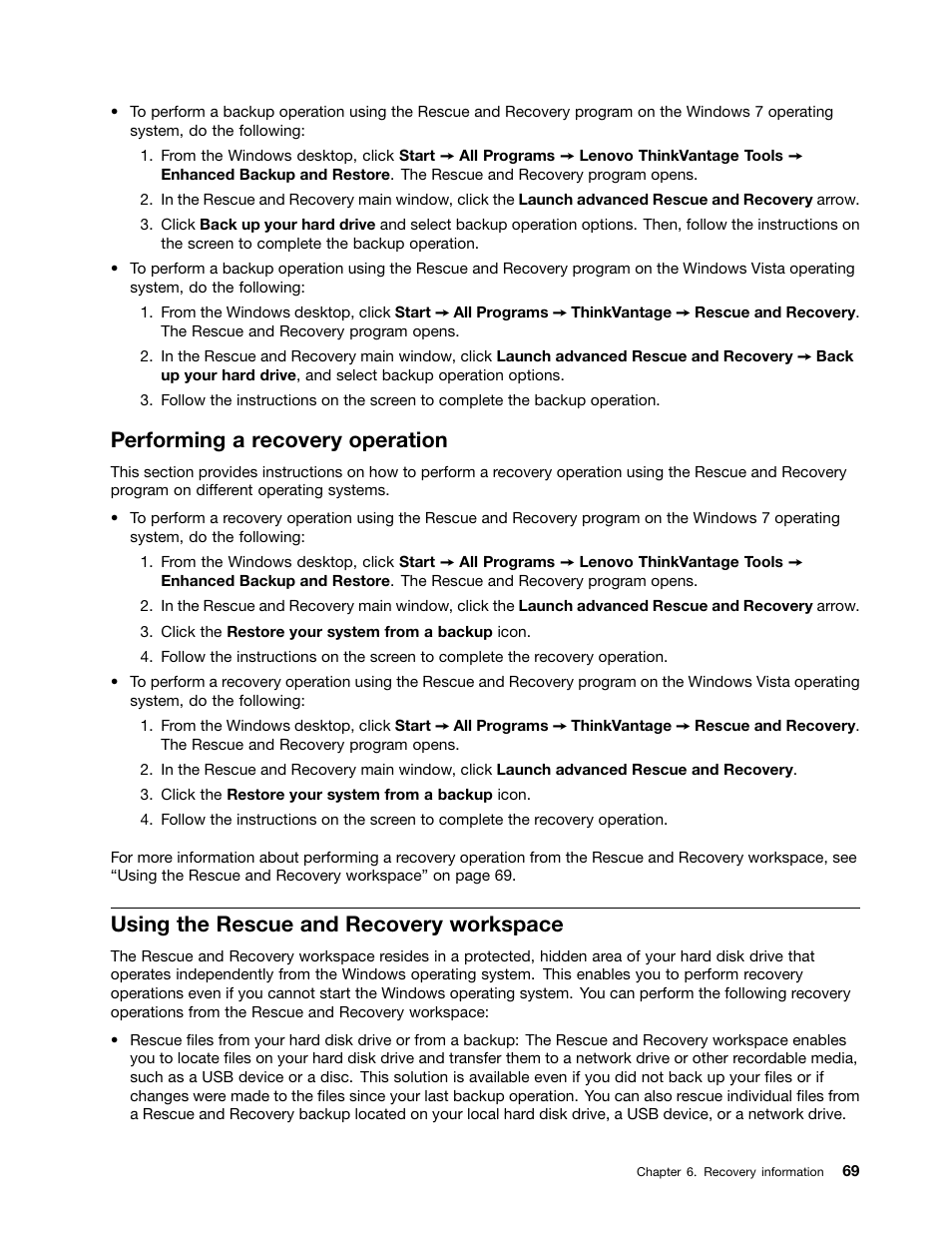 Performing a recovery operation, Using the rescue and recovery workspace | Lenovo THINKCENTRE 4473 User Manual | Page 83 / 142