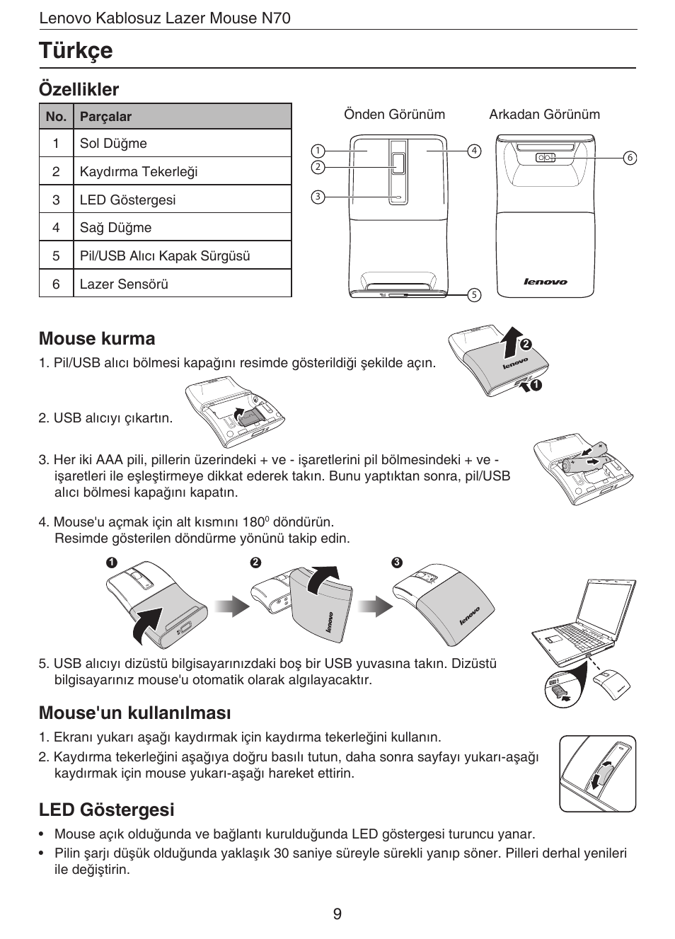 Türkçe, Özellikler, Mouse kurma | Mouse'un kullanılması, Led göstergesi | Lenovo N70 User Manual | Page 12 / 35