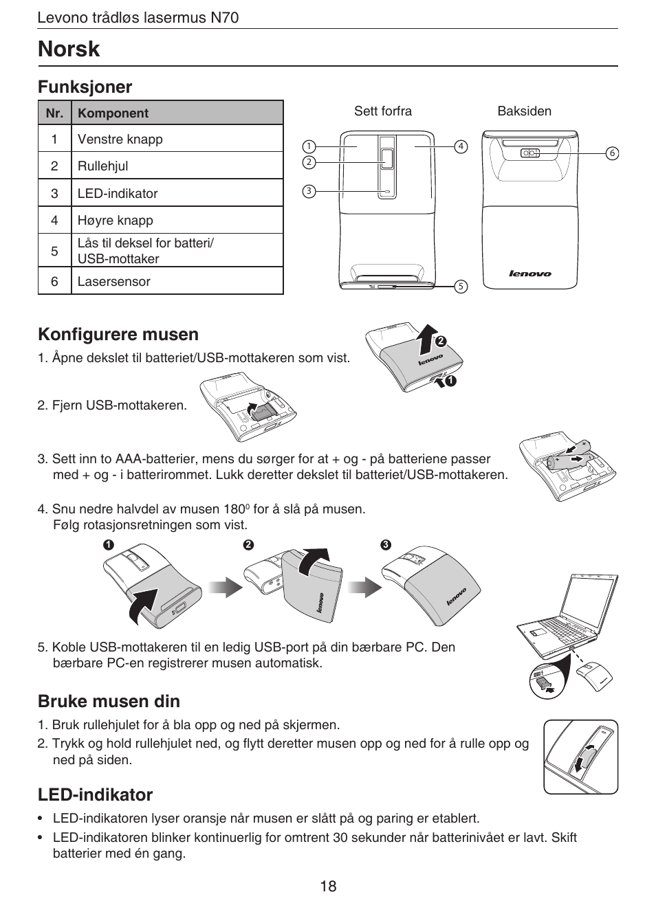 Norsk, Funksjoner, Konfigurere musen | Bruke musen din, Led-indikator | Lenovo N70 User Manual | Page 21 / 35