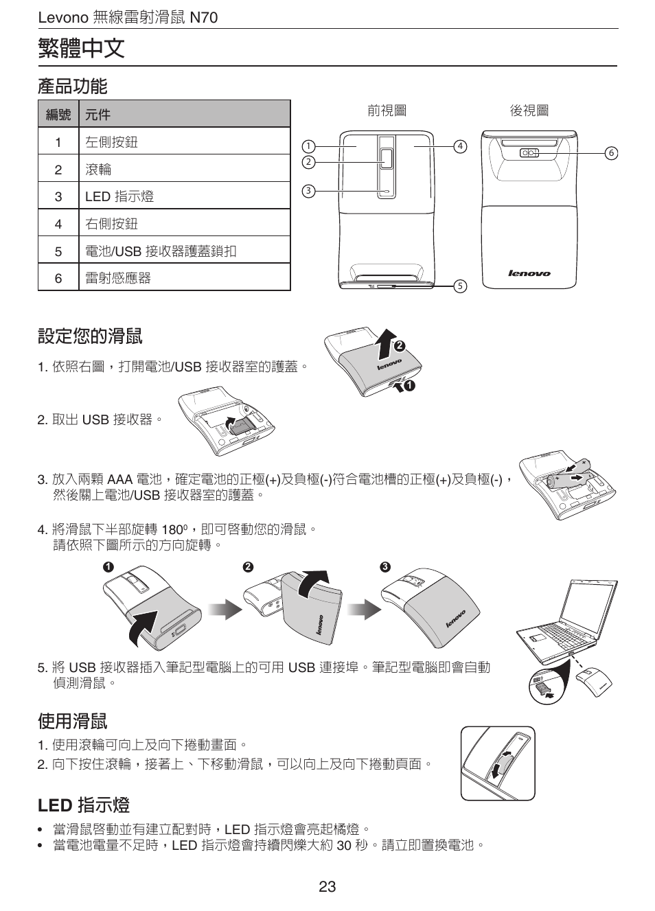 繁體中文, 產品功能, 設定您的滑鼠 | 使用滑鼠, Led 指示燈 | Lenovo N70 User Manual | Page 26 / 35