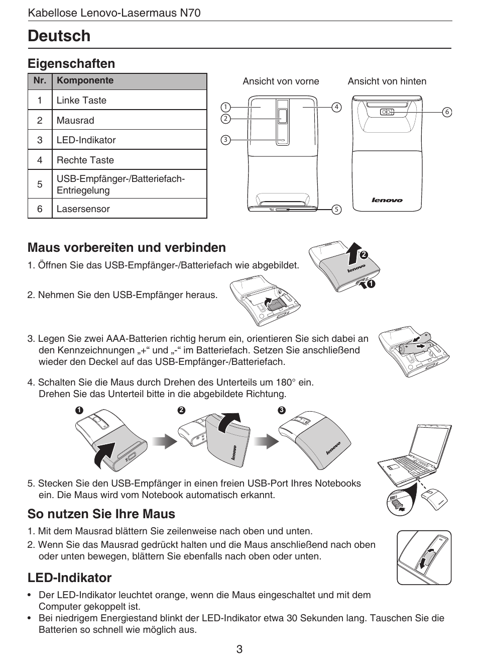 Deutsch, Eigenschaften, Maus vorbereiten und verbinden | So nutzen sie ihre maus, Led-indikator | Lenovo N70 User Manual | Page 6 / 35