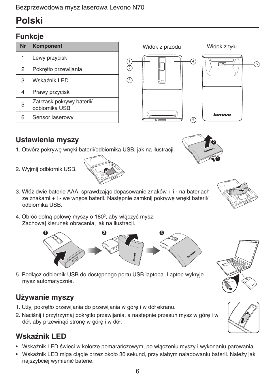 Polski, Funkcje, Ustawienia myszy | Używanie myszy, Wskaźnik led | Lenovo N70 User Manual | Page 9 / 35