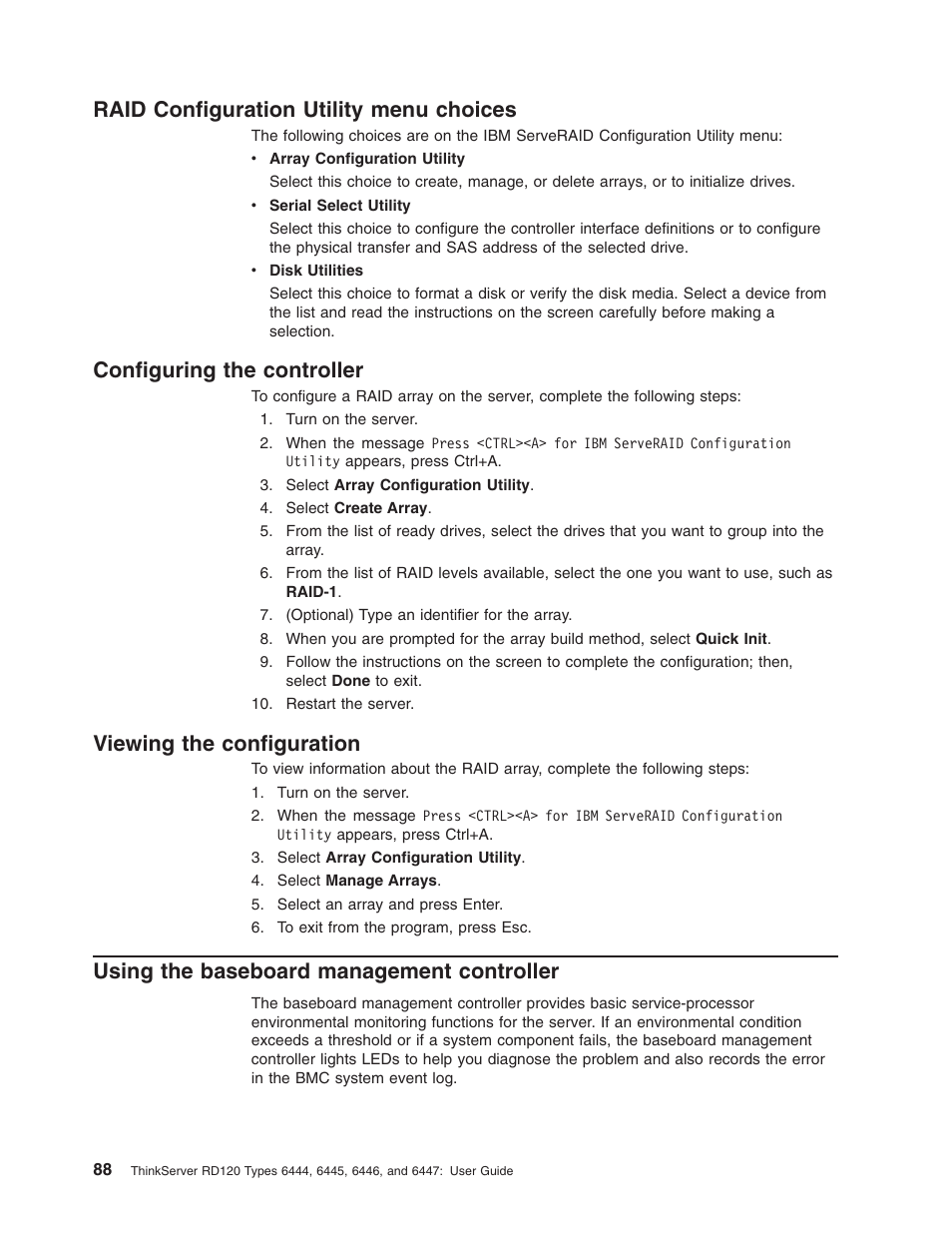 Raid configuration utility menu choices, Configuring the controller, Viewing the configuration | Using the baseboard management controller, Raid, Configuration, Utility, Menu, Choices, Configuring | Lenovo RD120 User Manual | Page 102 / 118