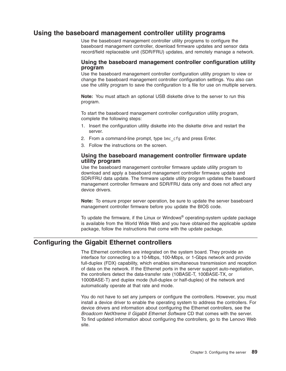 Configuring the gigabit ethernet controllers, Using, Baseboard | Management, Controller, Utility, Programs, Configuring, Gigabit, Ethernet | Lenovo RD120 User Manual | Page 103 / 118