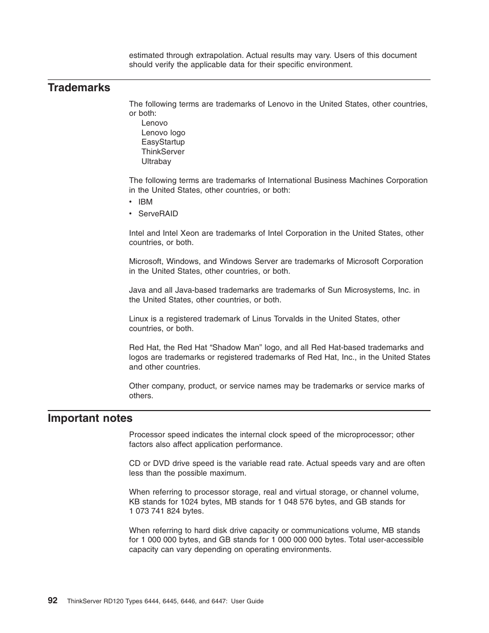 Trademarks, Important notes, Important | Notes | Lenovo RD120 User Manual | Page 106 / 118