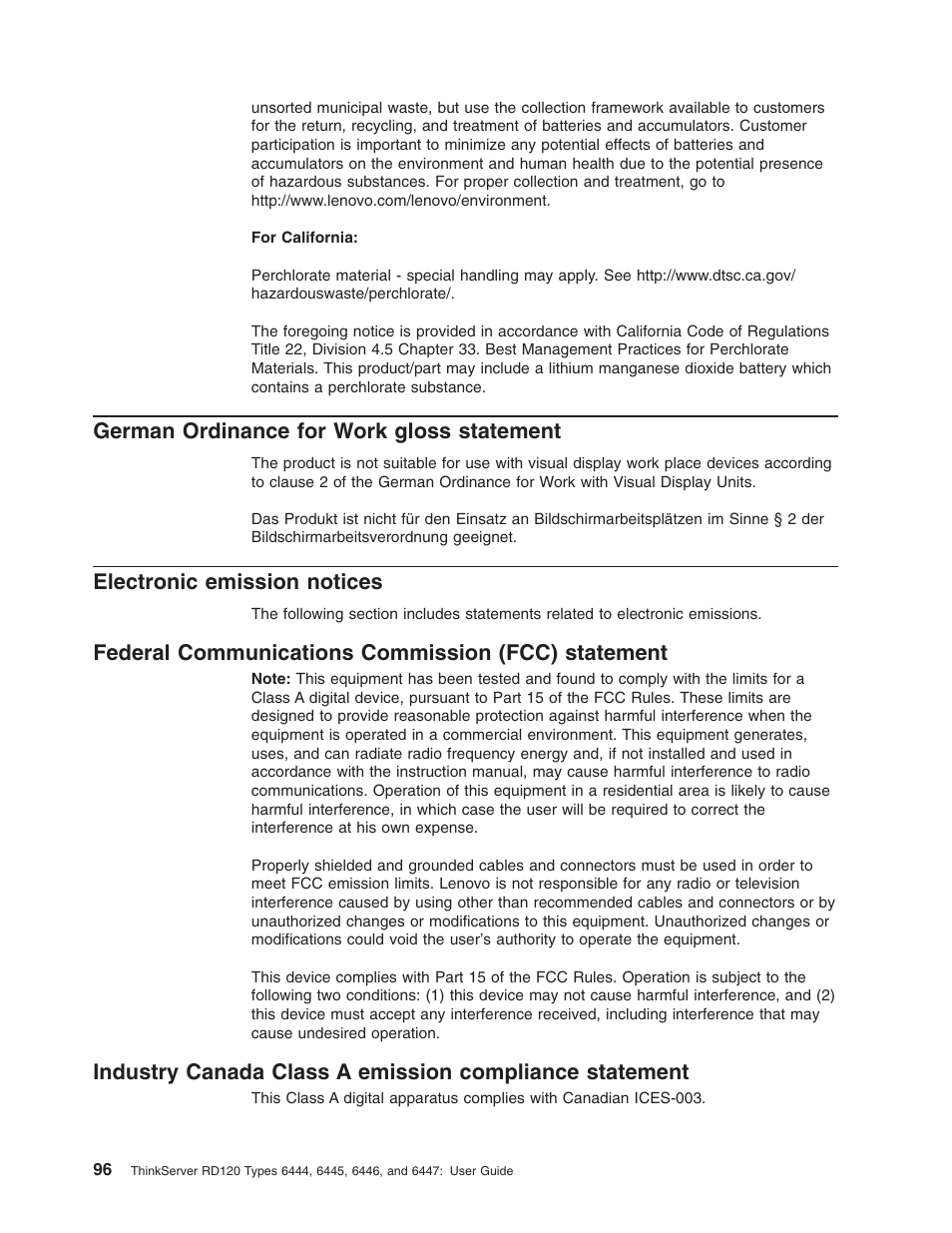 German ordinance for work gloss statement, Electronic emission notices, Federal communications commission (fcc) statement | German, Ordinance, Work, Gloss, Statement, Electronic, Emission | Lenovo RD120 User Manual | Page 110 / 118