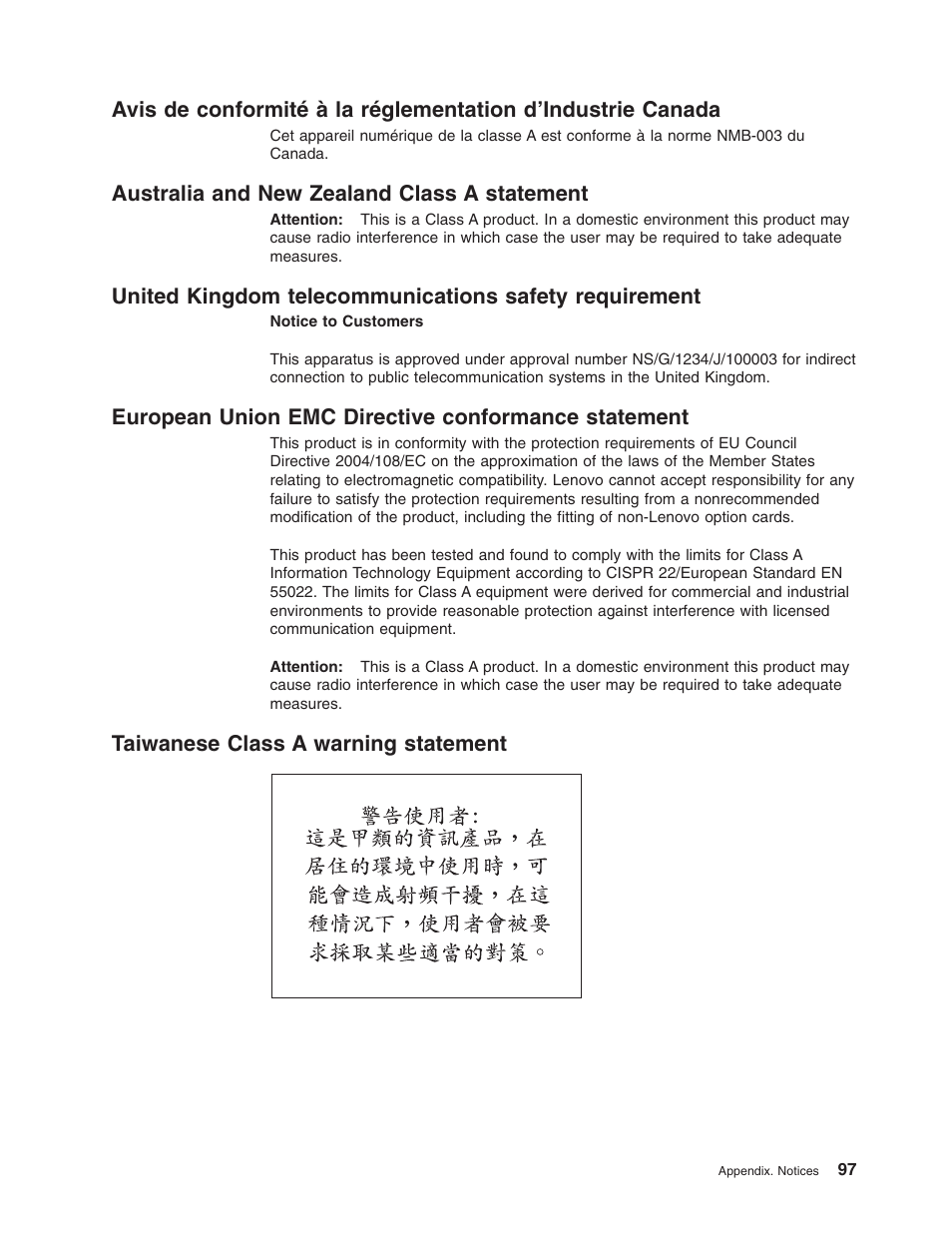 Australia and new zealand class a statement, European union emc directive conformance statement, Taiwanese class a warning statement | Avis, Conformité, Réglementation, D’industrie, Canada, Australia, Zealand | Lenovo RD120 User Manual | Page 111 / 118