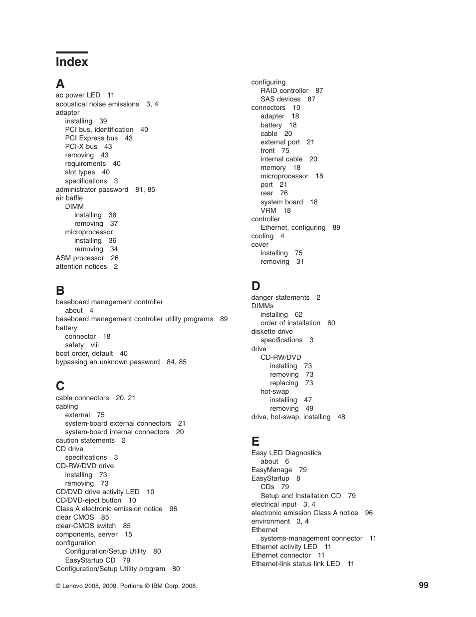 Index | Lenovo RD120 User Manual | Page 113 / 118