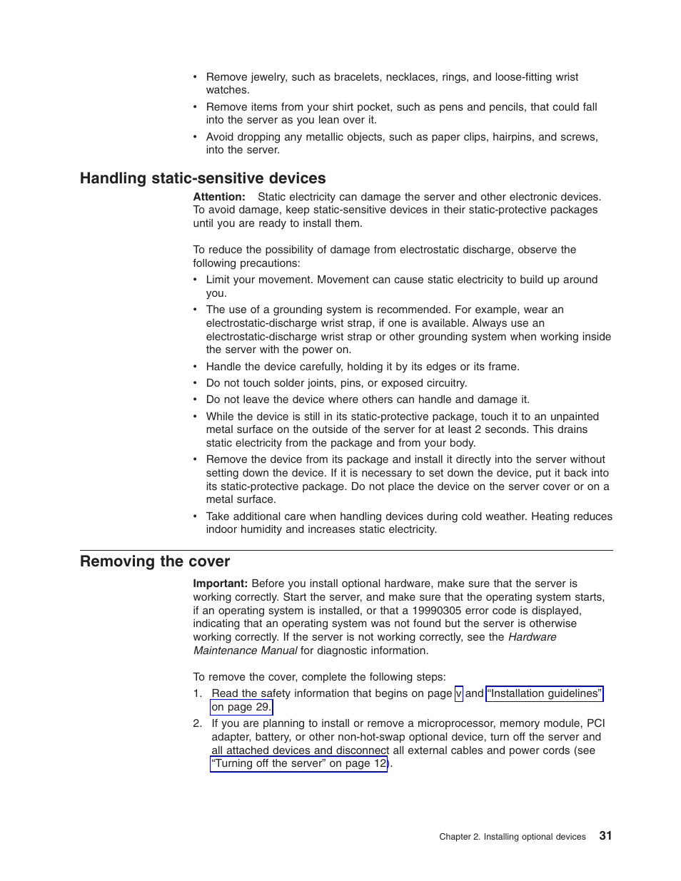 Handling static-sensitive devices, Removing the cover, Handling | Static-sensitive, Devices, Removing, Cover | Lenovo RD120 User Manual | Page 45 / 118