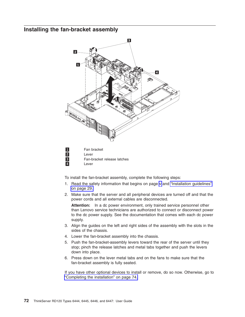 Installing the fan-bracket assembly, Installing, Fan-bracket | Assembly | Lenovo RD120 User Manual | Page 86 / 118