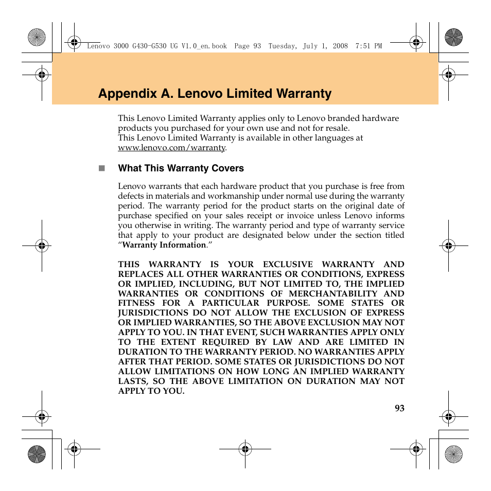 Appendix a. lenovo limited warranty | Lenovo 3000 G530 User Manual | Page 101 / 138
