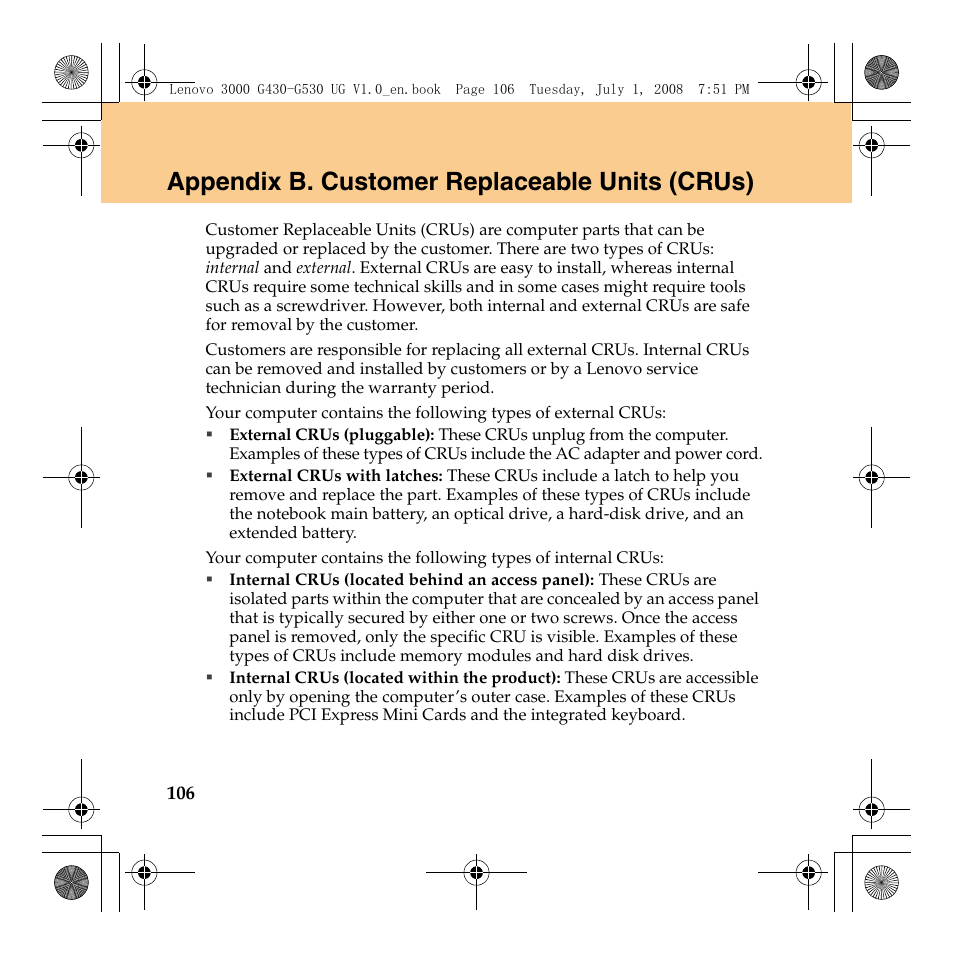 Appendix b. customer replaceable units (crus) | Lenovo 3000 G530 User Manual | Page 114 / 138