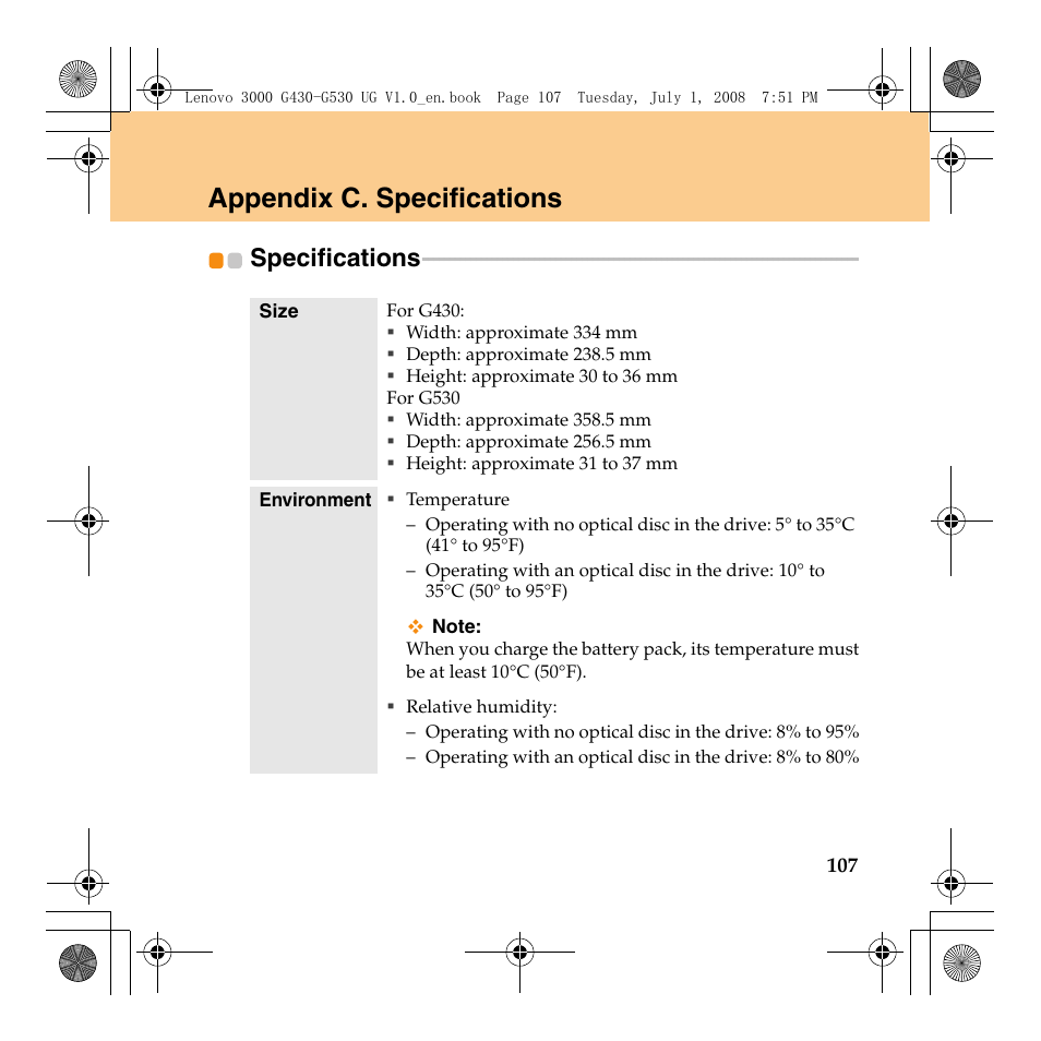 Appendix c. specifications, Specifications | Lenovo 3000 G530 User Manual | Page 115 / 138