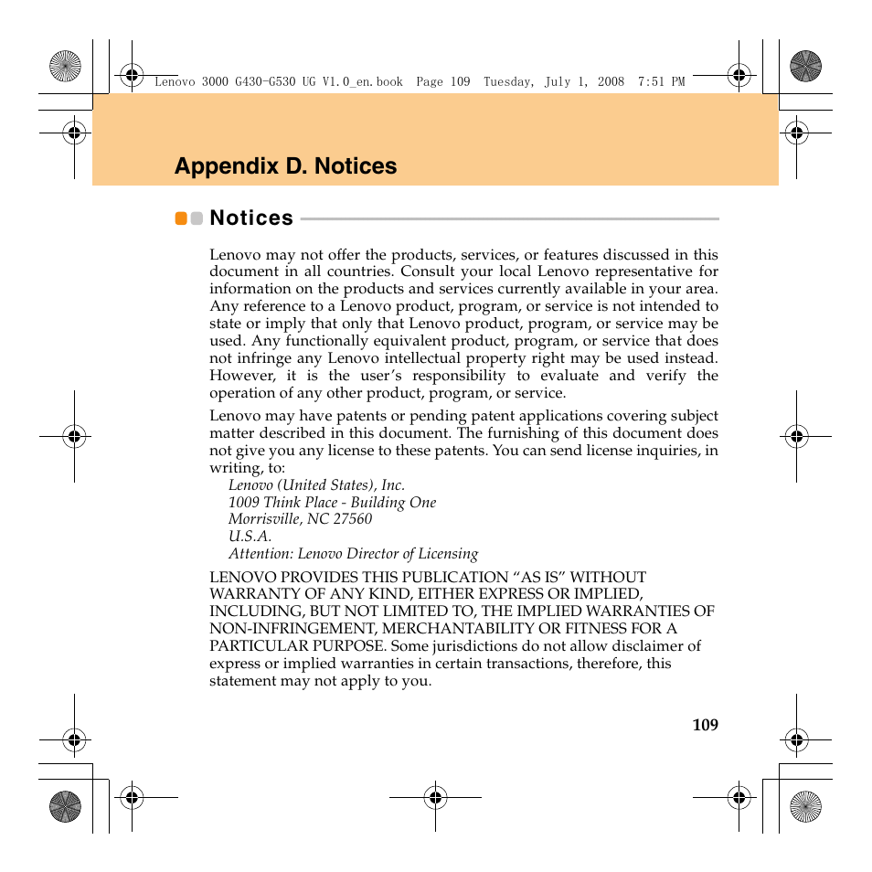 Appendix d. notices, Notices | Lenovo 3000 G530 User Manual | Page 117 / 138