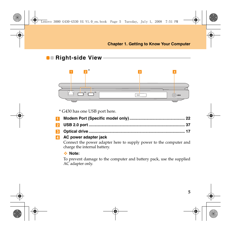 Right-side view | Lenovo 3000 G530 User Manual | Page 13 / 138