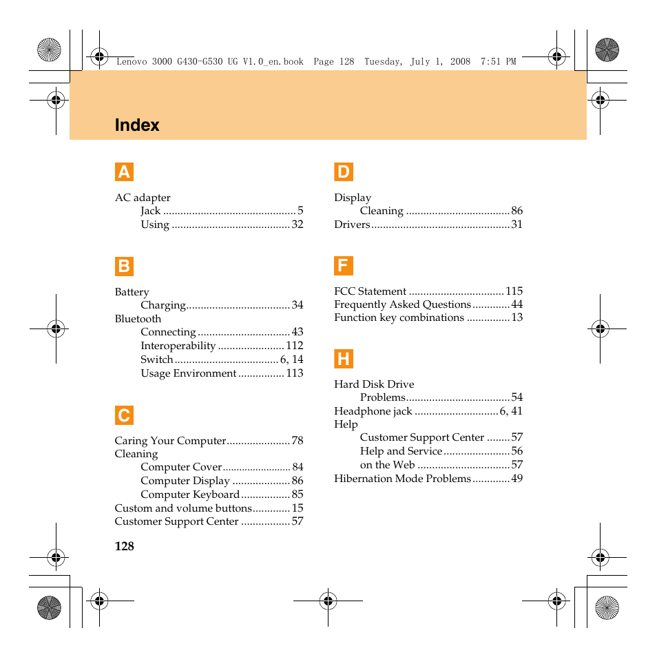 Index a | Lenovo 3000 G530 User Manual | Page 136 / 138