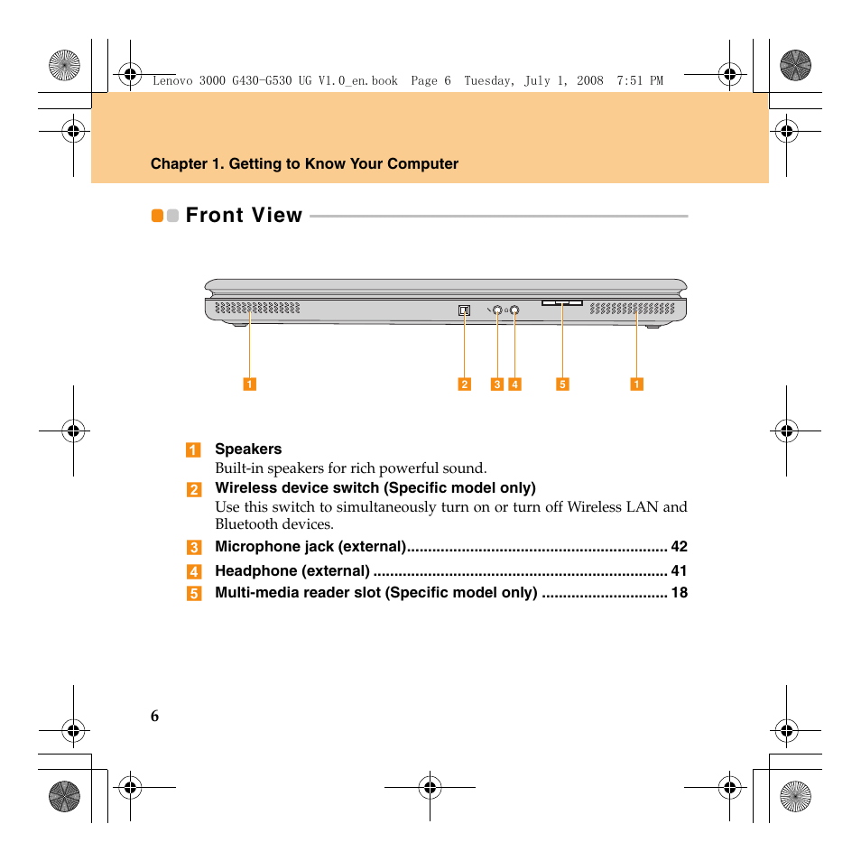 Front view | Lenovo 3000 G530 User Manual | Page 14 / 138