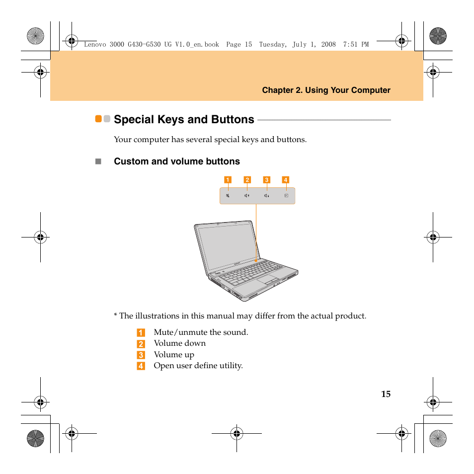 Special keys and buttons | Lenovo 3000 G530 User Manual | Page 23 / 138