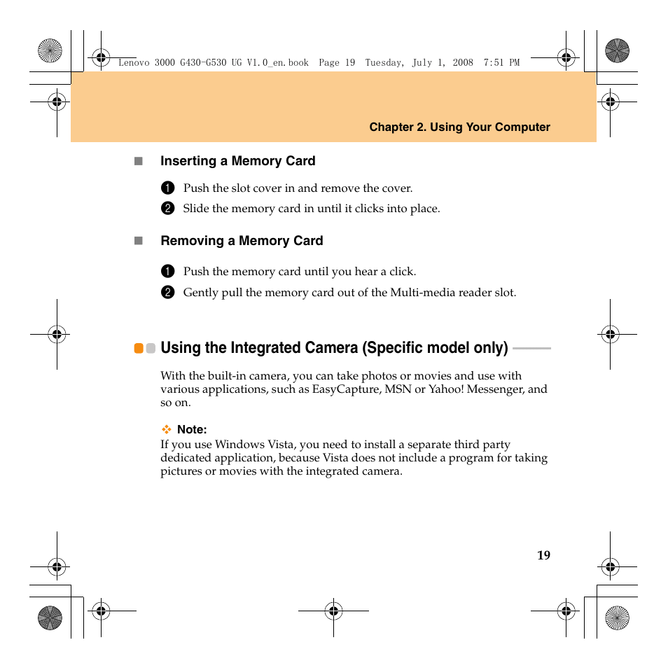 Using the integrated camera (specific model only) | Lenovo 3000 G530 User Manual | Page 27 / 138