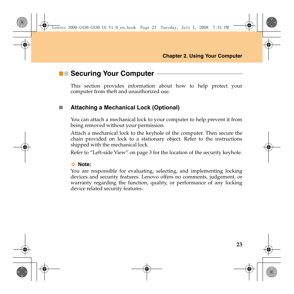 Securing your computer | Lenovo 3000 G530 User Manual | Page 31 / 138