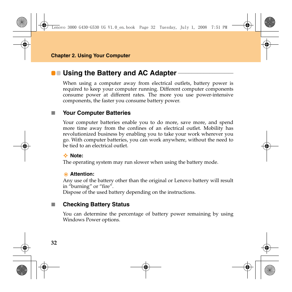 Using the battery and ac adapter | Lenovo 3000 G530 User Manual | Page 40 / 138