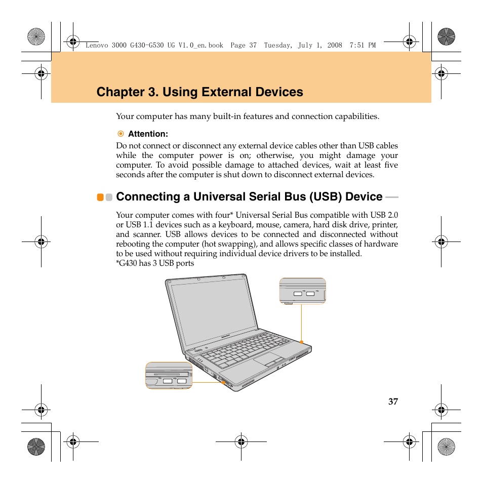 Chapter 3. using external devices, Connecting a universal serial bus (usb) device | Lenovo 3000 G530 User Manual | Page 45 / 138