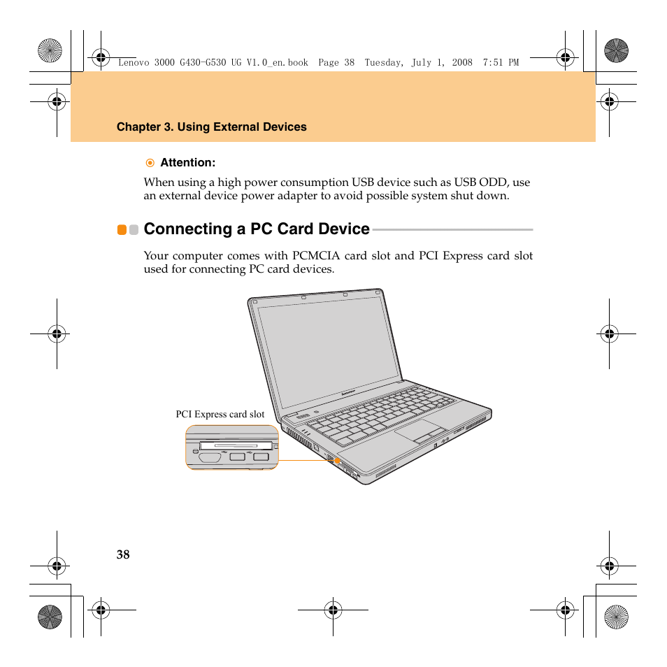 Connecting a pc card device | Lenovo 3000 G530 User Manual | Page 46 / 138