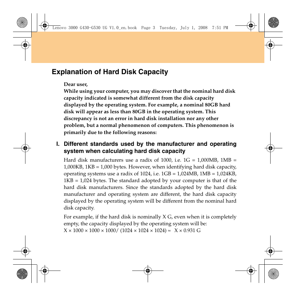 Explanation of hard disk capacity | Lenovo 3000 G530 User Manual | Page 5 / 138