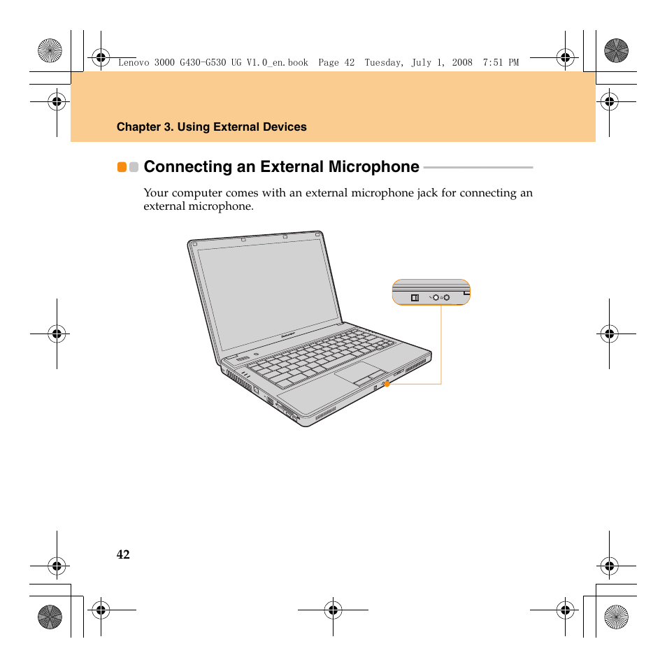 Connecting an external microphone | Lenovo 3000 G530 User Manual | Page 50 / 138