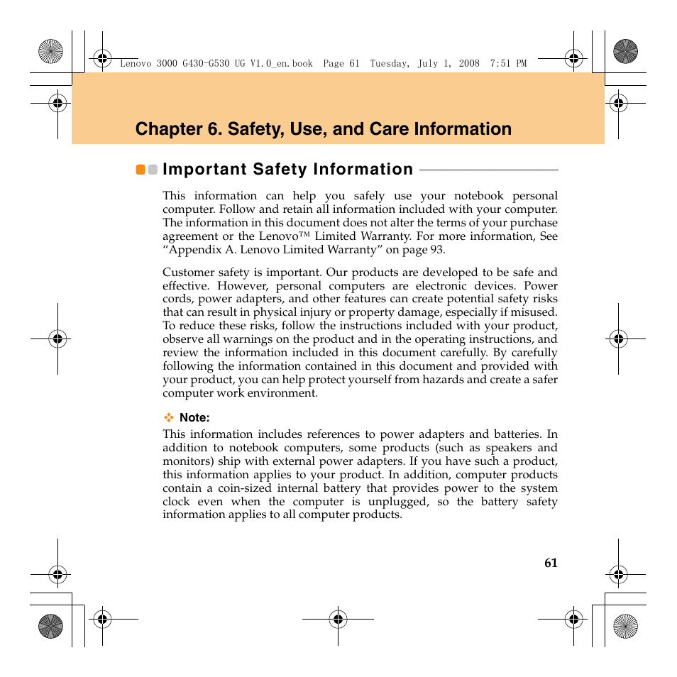 Chapter 6. safety, use, and care information, Important safety information | Lenovo 3000 G530 User Manual | Page 69 / 138