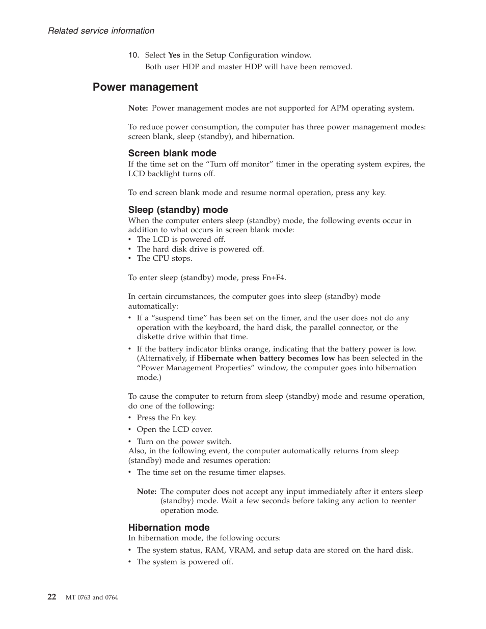 Power management, Screen blank mode, Sleep (standby) mode | Hibernation mode, Power, Management | Lenovo V100 User Manual | Page 28 / 126