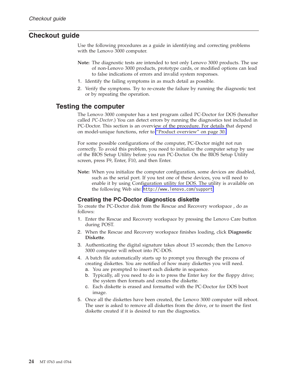 Checkout guide, Testing the computer, Creating the pc-doctor diagnostics diskette | Checkout, Guide, Testing, Computer | Lenovo V100 User Manual | Page 30 / 126