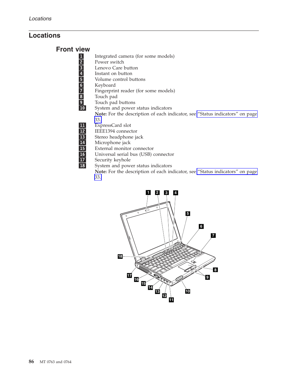 Locations, Front view, Front | View | Lenovo V100 User Manual | Page 92 / 126