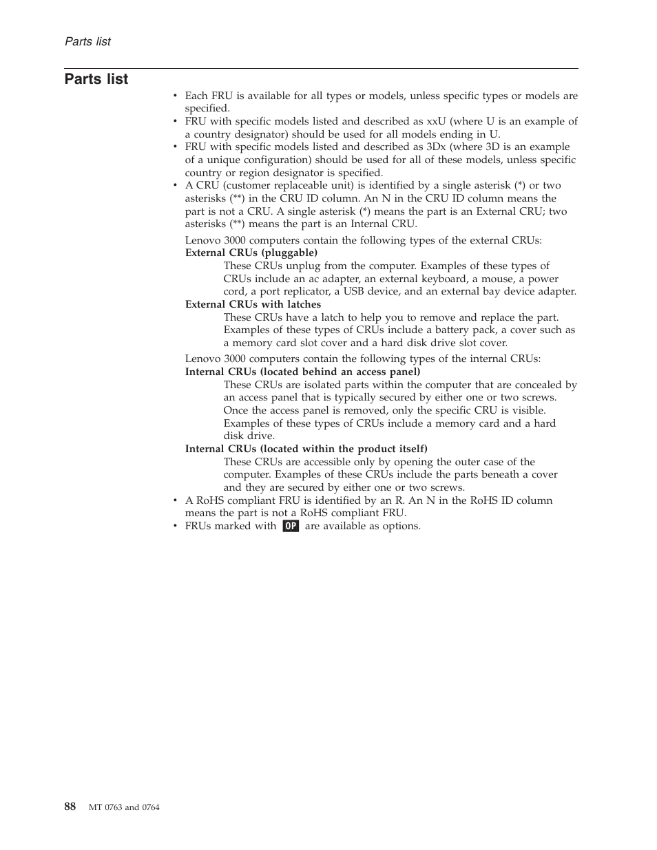 Parts list, Parts, List | Lenovo V100 User Manual | Page 94 / 126