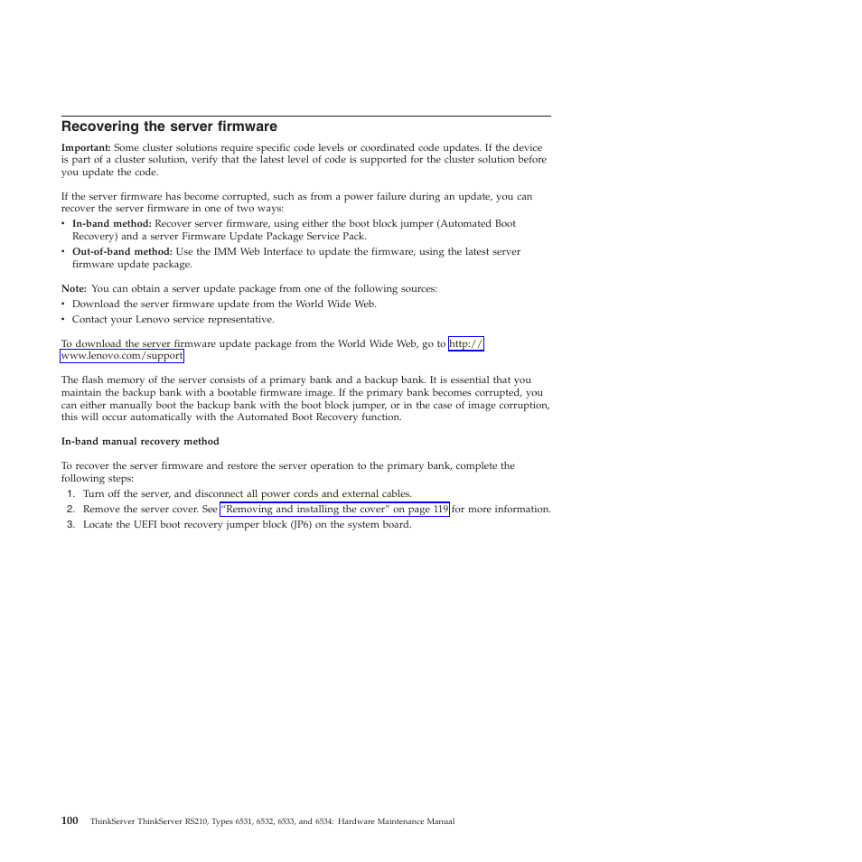 Recovering the server firmware | Lenovo THINKSERVER RS210 User Manual | Page 108 / 244