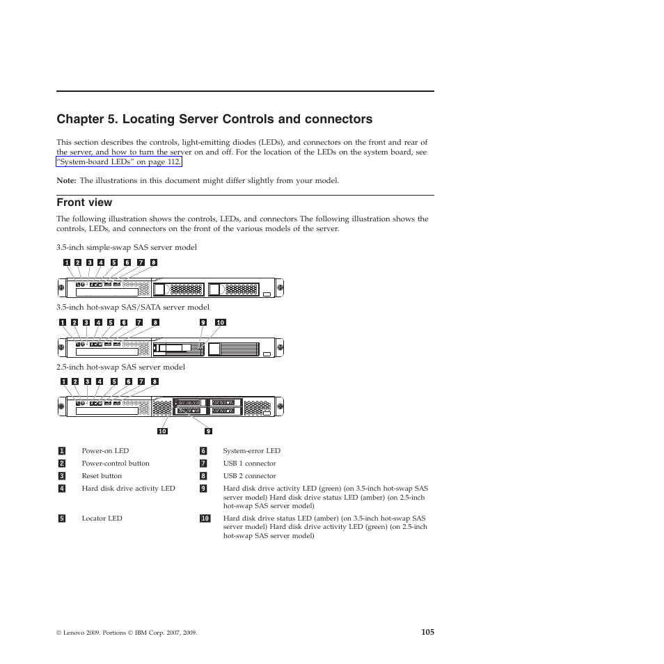 Chapter 5. locating server controls and connectors, Front view | Lenovo THINKSERVER RS210 User Manual | Page 113 / 244