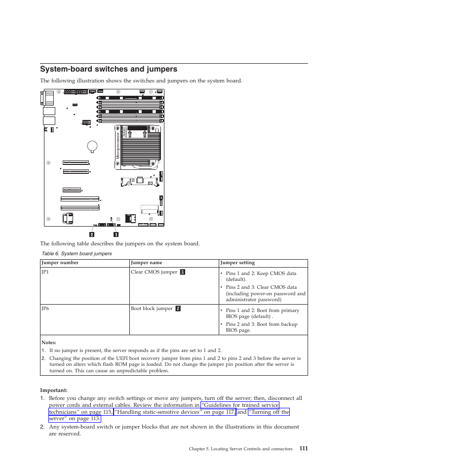 System-board switches and jumpers | Lenovo THINKSERVER RS210 User Manual | Page 119 / 244