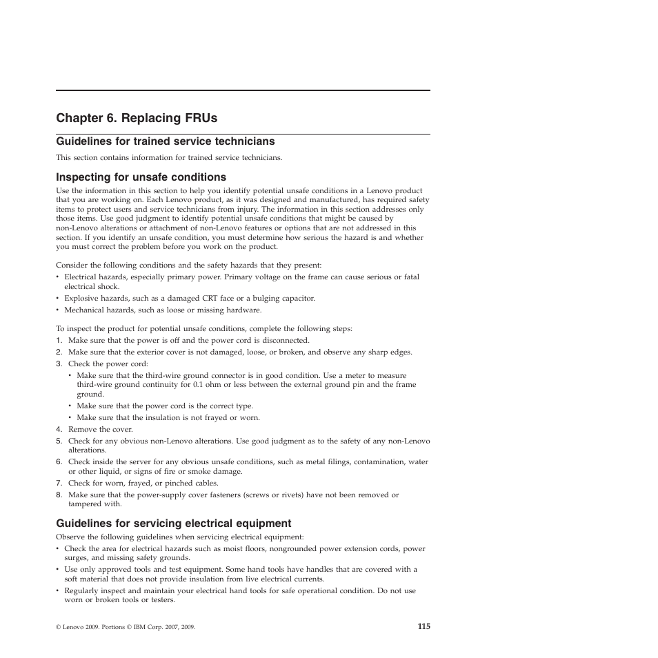 Chapter 6. replacing frus, Guidelines for trained service technicians, Inspecting for unsafe conditions | Guidelines for servicing electrical equipment | Lenovo THINKSERVER RS210 User Manual | Page 123 / 244