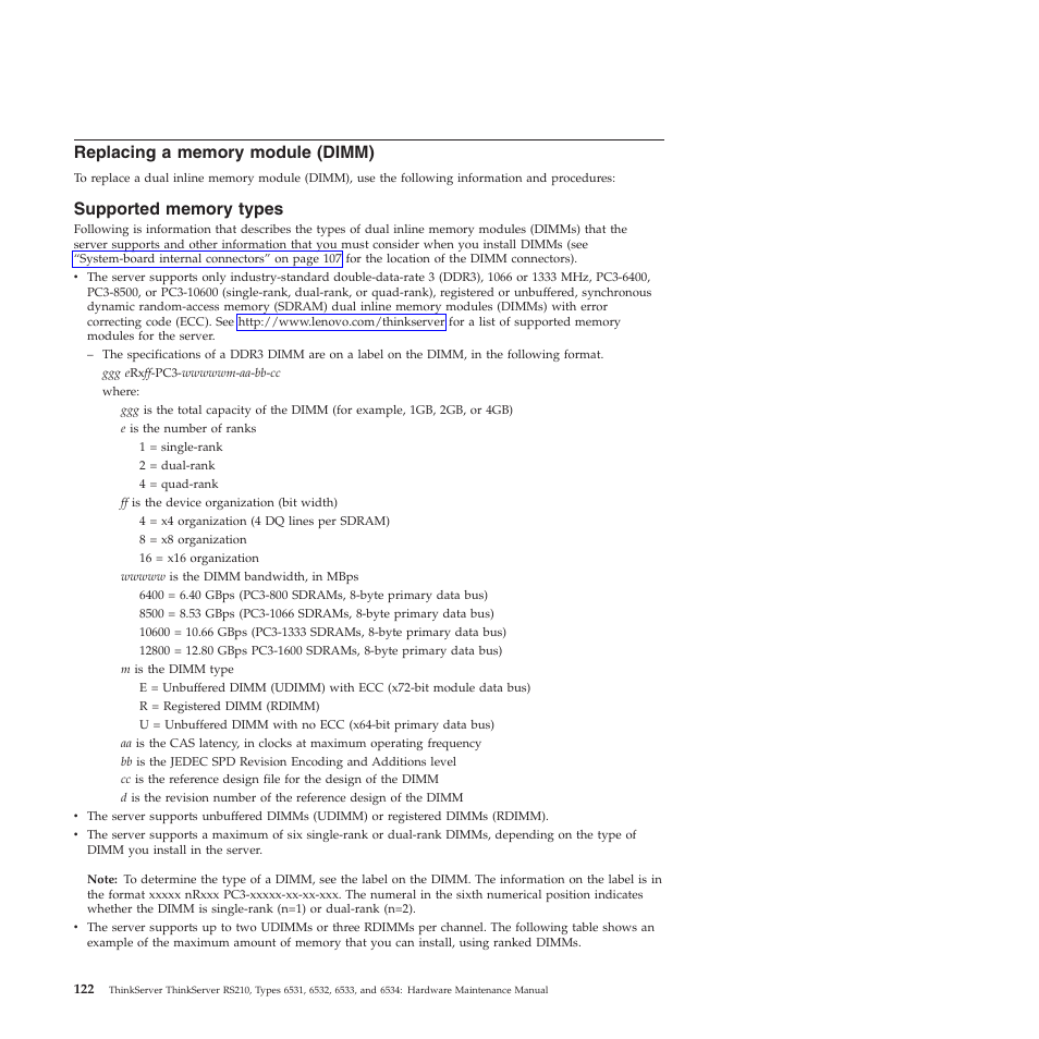 Replacing a memory module (dimm), Supported memory types | Lenovo THINKSERVER RS210 User Manual | Page 130 / 244