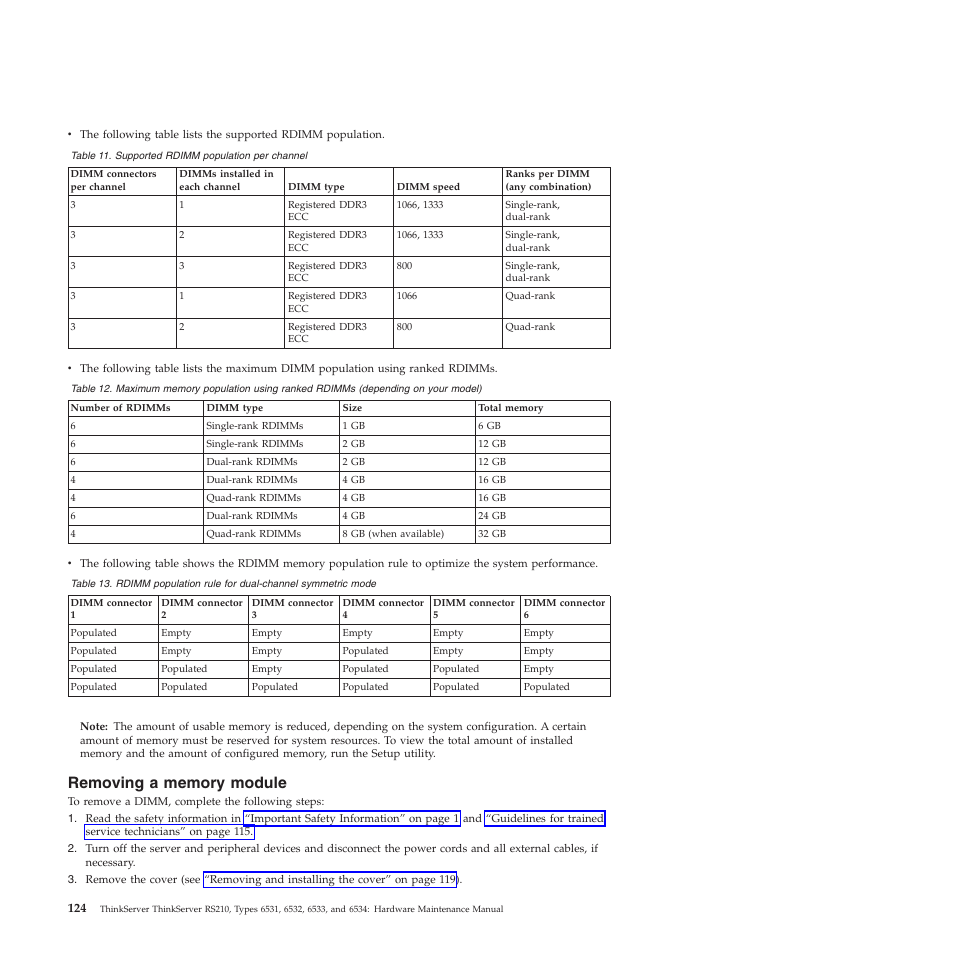 Removing a memory module | Lenovo THINKSERVER RS210 User Manual | Page 132 / 244