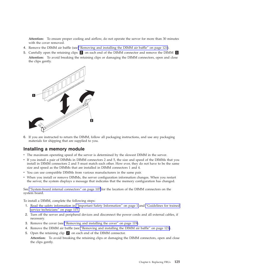 Installing a memory module | Lenovo THINKSERVER RS210 User Manual | Page 133 / 244