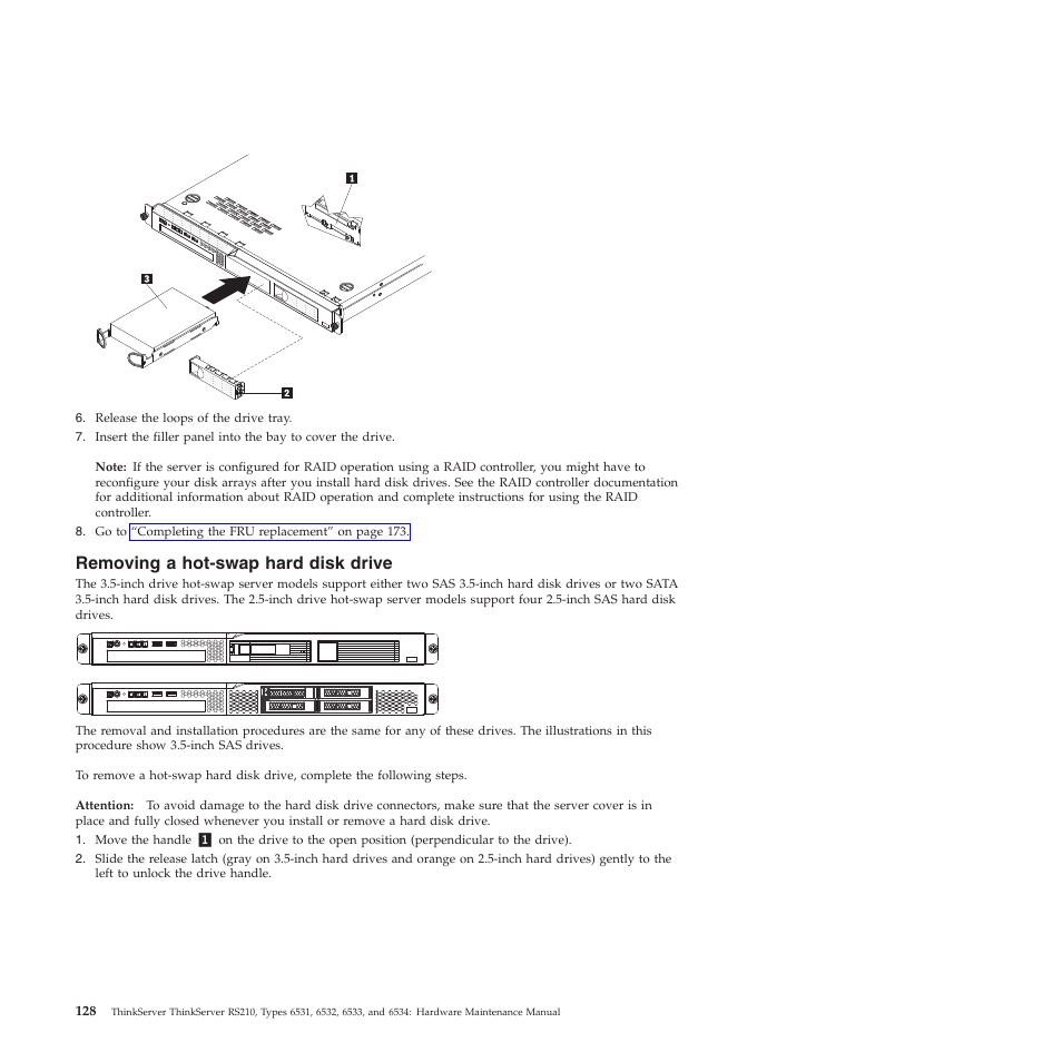 Removing a hot-swap hard disk drive | Lenovo THINKSERVER RS210 User Manual | Page 136 / 244