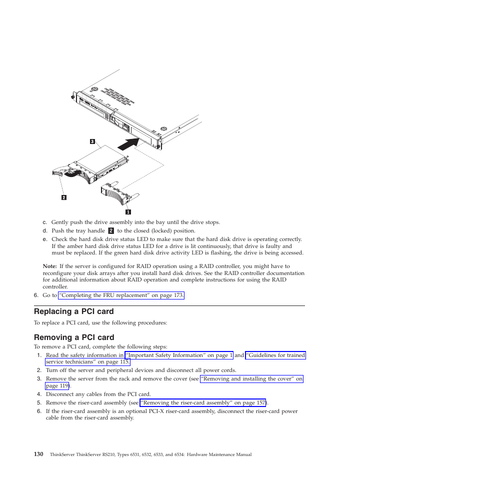 Replacing a pci card, Removing a pci card | Lenovo THINKSERVER RS210 User Manual | Page 138 / 244