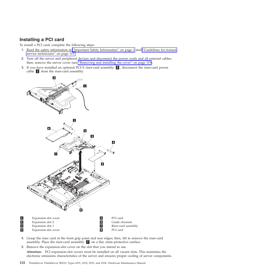 Installing a pci card | Lenovo THINKSERVER RS210 User Manual | Page 140 / 244