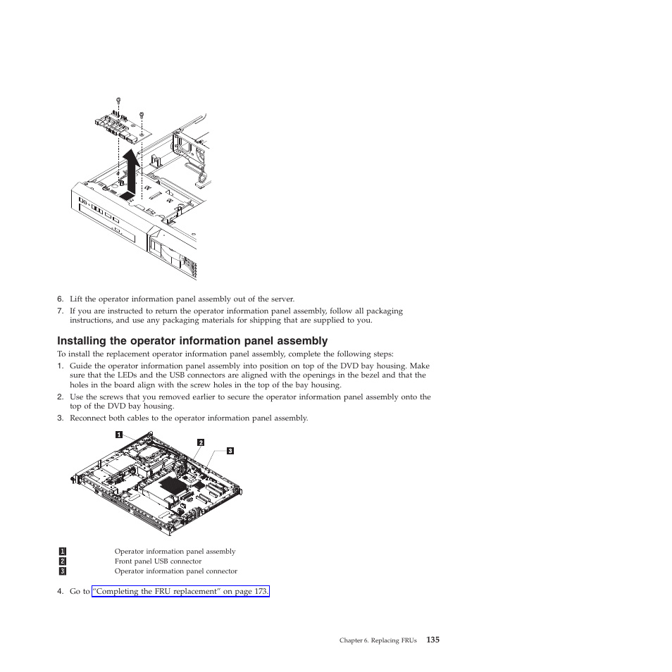 Installing the operator information panel assembly | Lenovo THINKSERVER RS210 User Manual | Page 143 / 244