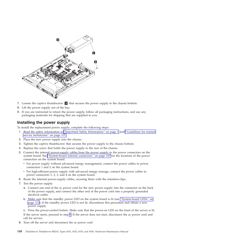 Installing the power supply | Lenovo THINKSERVER RS210 User Manual | Page 156 / 244