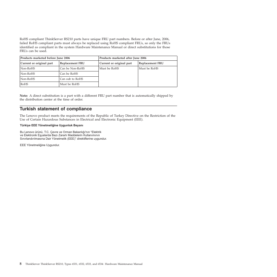 Turkish statement of compliance | Lenovo THINKSERVER RS210 User Manual | Page 16 / 244